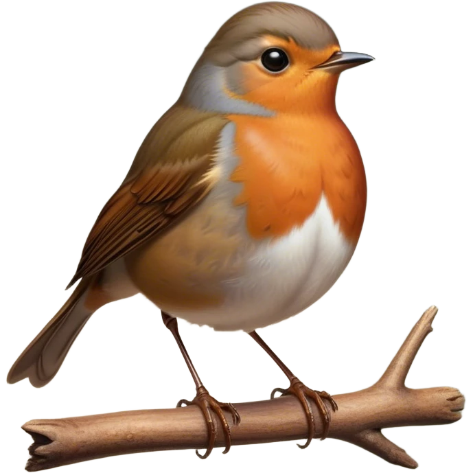 Cinematic Noble Robin Portrait Emoji, Poised and dignified, with a delicate, rounded build, a soft rust-red breast, gentle inquisitive eyes, and a small, refined beak, Simplified yet sharp and sophisticated features, highly detailed, glowing with a soft, warm glow, high shine, intelligent and graceful, stylized with an air of woodland charm, focused and attentive, soft glowing outline, capturing the essence of a watchful and confident robin that appears ready to flutter out of the screen with effortless authority! emoji