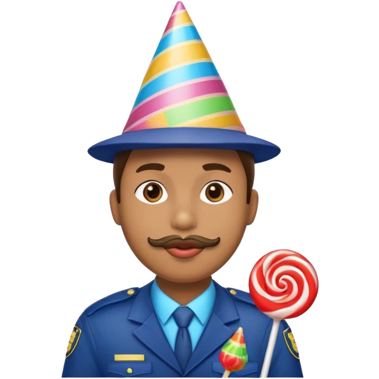 security guard head, birthday party, lollipop in mouth, festive look emoji