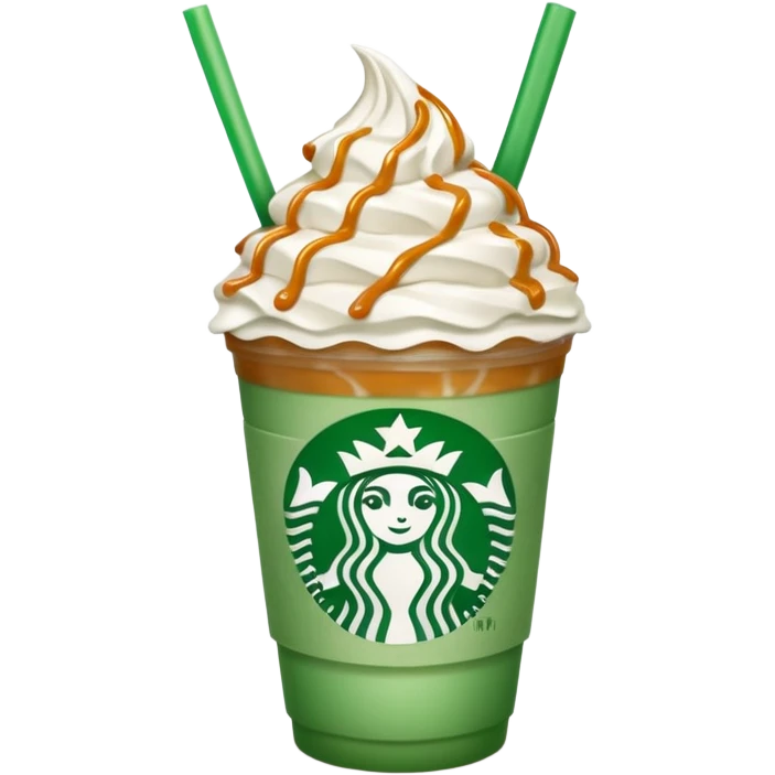 A 3D cartoon Starbucks Frappuccino cup with whipped cream and caramel drizzle, frosty texture, green straw, transparent cup with logo, soft cool lighting, Memoji-style. emoji