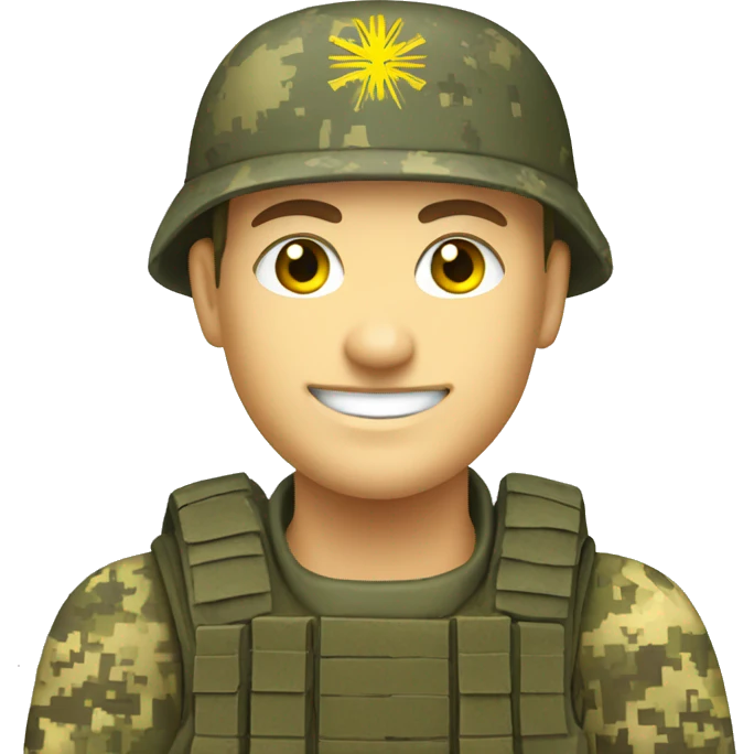 happy Ukrainian soldier, in camouflage pixel uniform  emoji