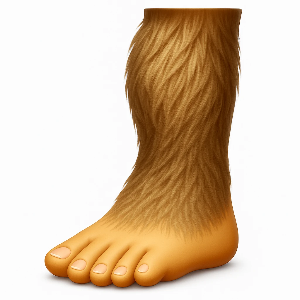 Create an emoji that looks exactly like the reference image in iOS emoji style. The emoji should have 3D appearance, shiny surface, smooth gradients, soft shadows, and a realistic hairy leg and foot with a classic emoji look. Add a soft shadow under the foot. emoji