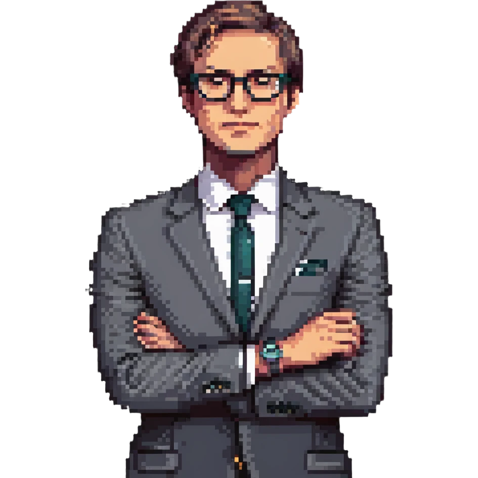 pixel art illustration of a businessman from the waist up, wearing a suit and glasses, hand under chin, gazing to the side with thoughtful expression, luxury watch subtly shown on wrist, curious and contemplative mood, clean background emoji