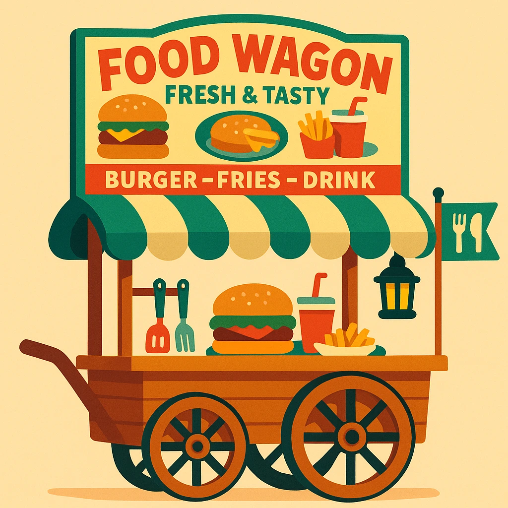 classic food wagon wooden with two large spoked wheels, pull handle, curved green and cream striped canopy, top signboard reading 'Food Wagon' in bold red, 'Fresh & Tasty', 'Burger – Fries – Drink', burger and food plate illustrations, utensils hanging from frame, black lantern at back, green flag with fork and knife icons at front, soft friendly nostalgic style emoji