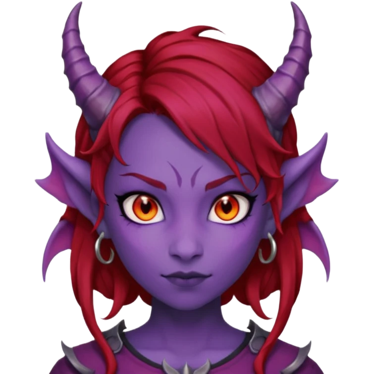 Demon Girl Purple Skin Dragon Horns Black Eyes Red Glowing Pupils Auburn Haired Red Shirt  emoji