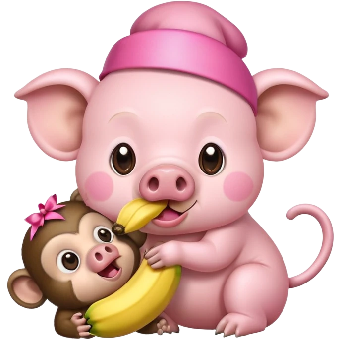 a pig with a pink ribbon on its head and a monkey eating a banana emoji