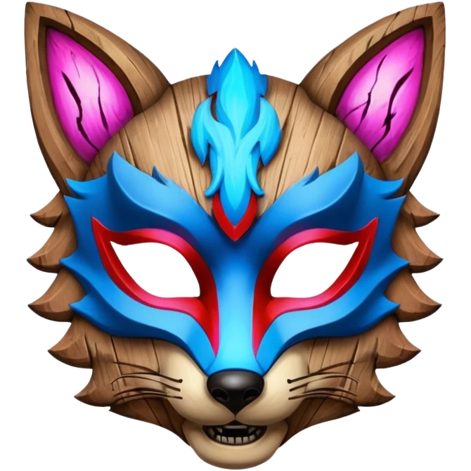 Ancient wooden mask, split in half, luminous and neon with red, blue and pink fox-like glow. emoji