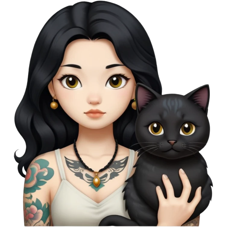 a Chinese girl with long black  Big Wave hair and tattoos and a black round faced cat  emoji