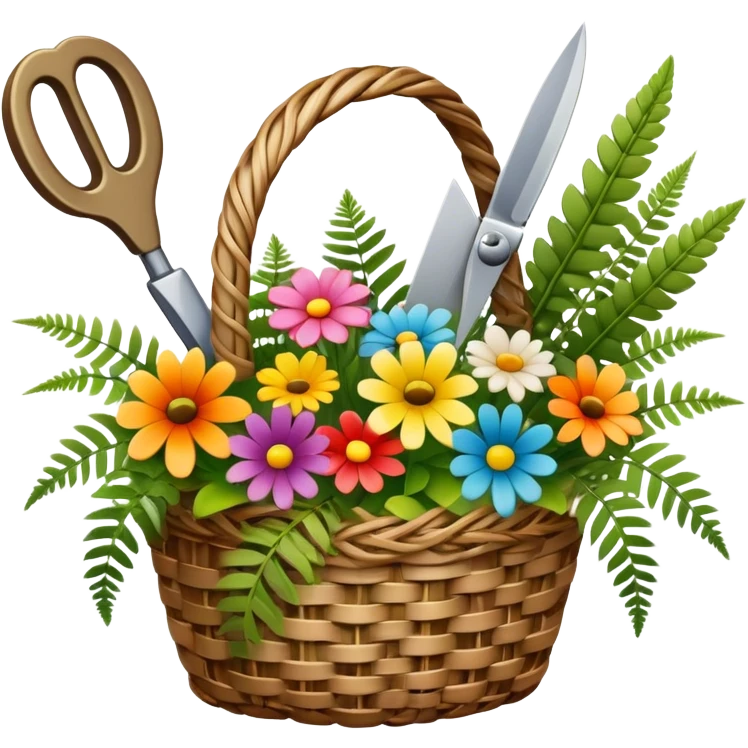 Icon for Floristry: a woven basket with flowers, reeds, ferns, bright ribbons and a small plush toy. Add big garden scissors and knife. The icon should represent creativity in flower arrangement and decorative design. Transparent background. emoji