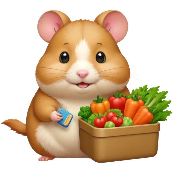 Cute chubby cartoon-style hamster holding a small bento box filled with vegetables, smiling proudly. Soft painterly shading, white background, sticker-style illustration emoji