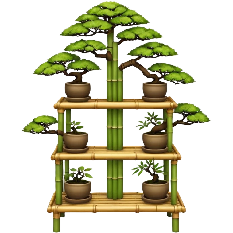 Three tiered bonsai planters stand, shelving holding nine specimens,frame made of one inch thick bamboo  emoji