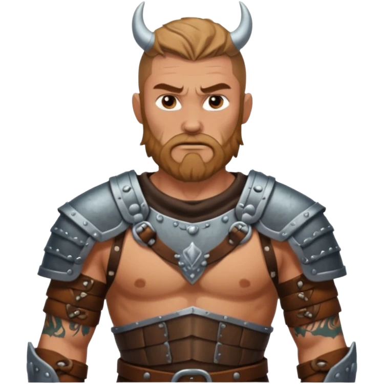 A rugged Viking man with tattooed arms, leather armor, and intense eyes ready for battle.
 emoji