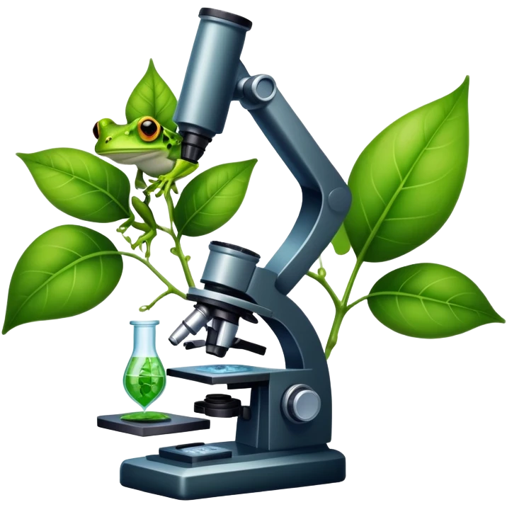 An icon featuring a DNA strand, a microscope, and a green leaf, symbolizing biology. The design includes animal cells, plant structures, and a frog, representing the study of living organisms and ecosystems. Transparent background highlights life sciences and biological research. emoji