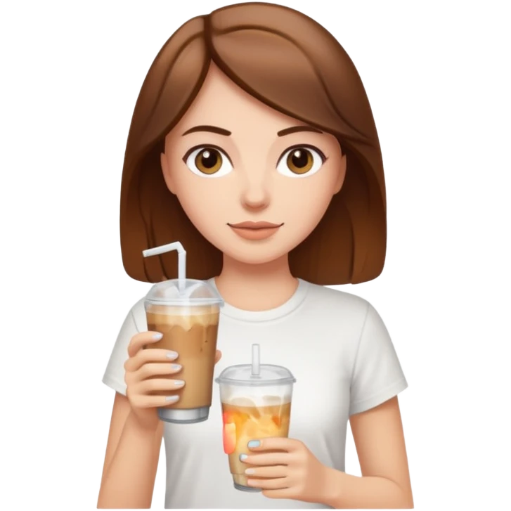 A white girl with brown hair and wearing a white tee holding an ice coffe emoji