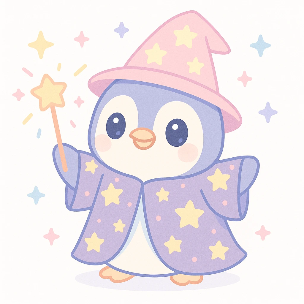 a cute penguin wizard casting a spell, wearing a starry robe and holding a wand emoji