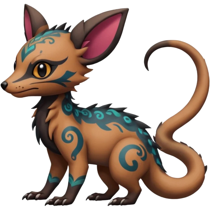 Rare warm-colored exotic cute epic aesthetic gothic colorful Salandit-Eevee-Trico-Civet-species-Fakemon-hybrid-creature, with intricate tattoo markings, full body emoji