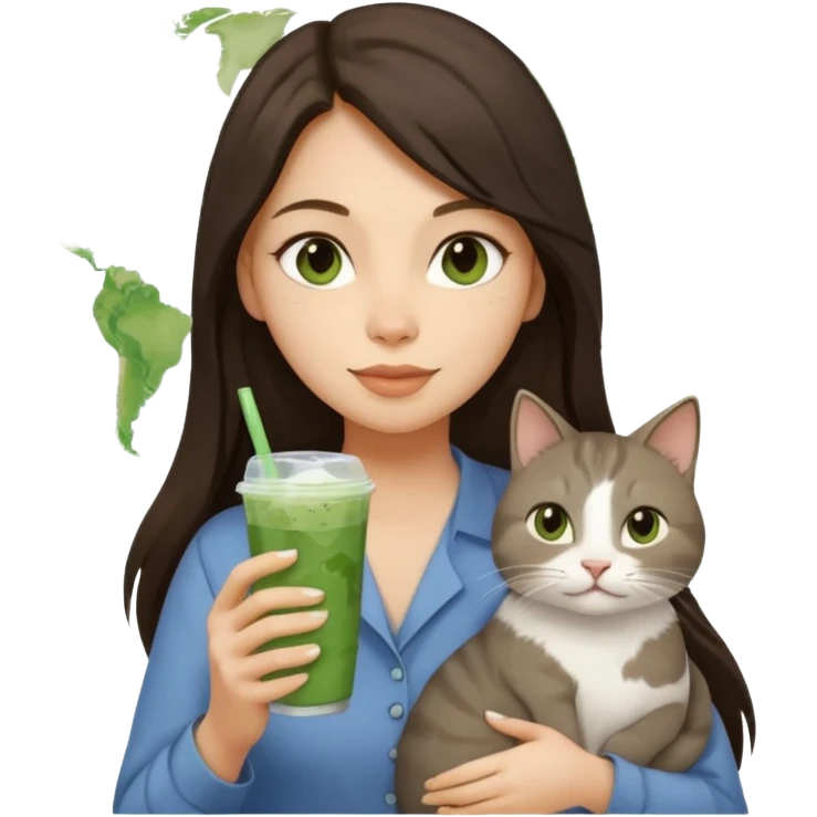a brunette woman with long hair in here 30S drinking an iced matcha, carrying a grey cat and a map of the world emoji