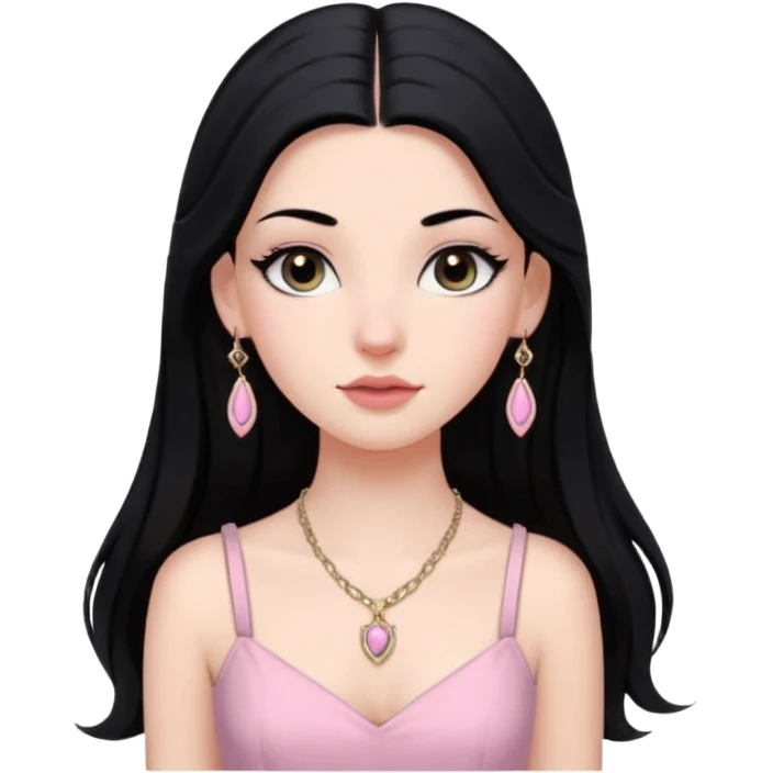 Menina branca ,cabelos longos cor preta , olhos cor preta puxados para cima. Cílios longos, lábios grossos ,nariz pequeno.vestido rosa claro de alça. Jovem de 16 anos .colar e brinco vivara emoji