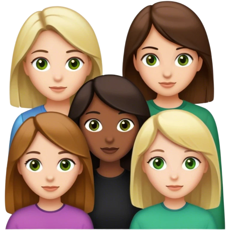 5 friends (1 girl Dark brown hair and brown eyes, 1 girl blonde green eyes, 1 girl black hair brown eyes, 2 girl twins light brown hair and hazel eyes) emoji
