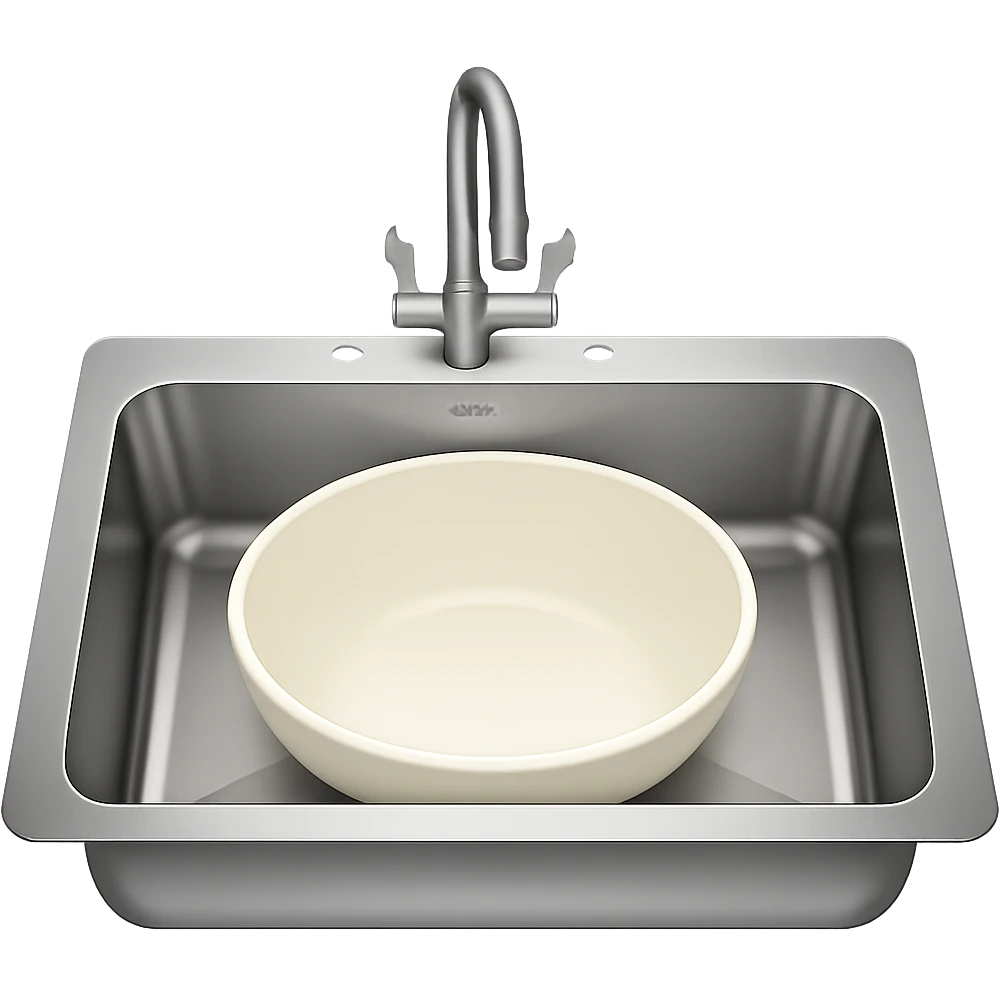 Add one more wide white bowl inside the kitchen sink. The style should be emoji style with a transparent background. Keep the original background transparent as requested. emoji