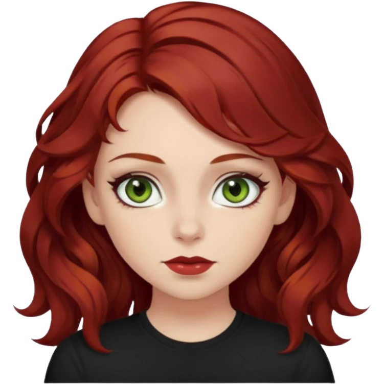 a pretty FAIR bratz girl with wavy dark red hair, wearing a black tee. eyeliner on, olive green eyes.  emoji