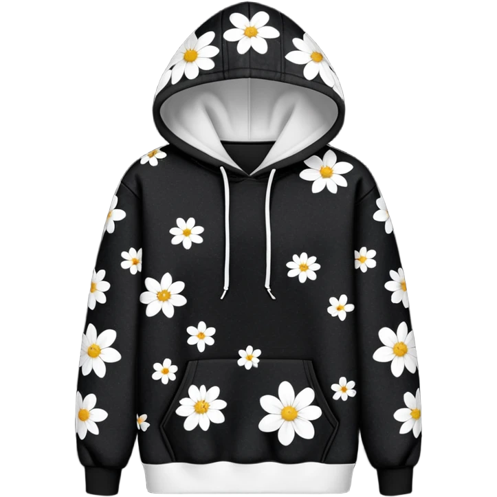 The BLACK Denim Tears Hoodie features a black base with medium-sized black and white flowers. Each flower has a white outer ring with an open, hollow center, giving it a bold and distinctive look. These ring-like floral patterns are scattered across the hoodie, covering the front, sleeves, and hood for a balanced yet eye-catching design. emoji