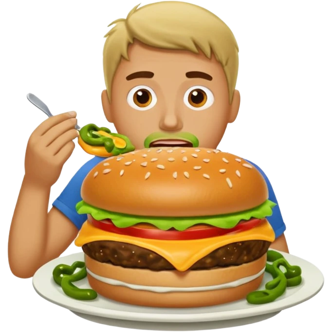 Man eating an open-face burger smothered in green chili emoji