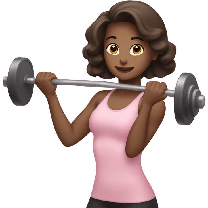 brunette girl lifting weights in light pink  emoji