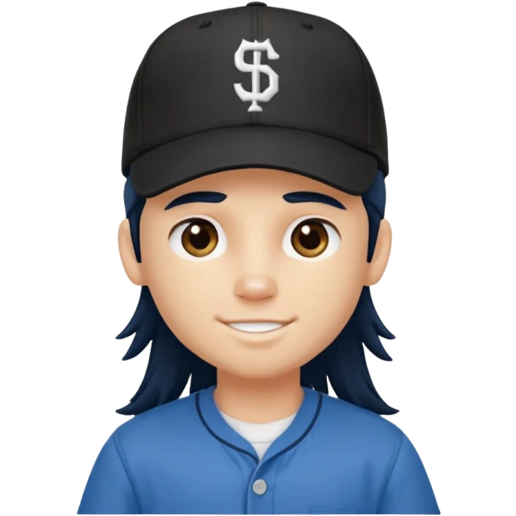generate a pretty bratz boy wearing a dark blue button up shirt, long black mullet hair. Matching blue baseball cap on head. smirking emoji