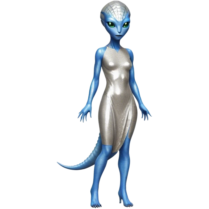 alien reptilian woman in silver dress, full body blue eyes emoji
