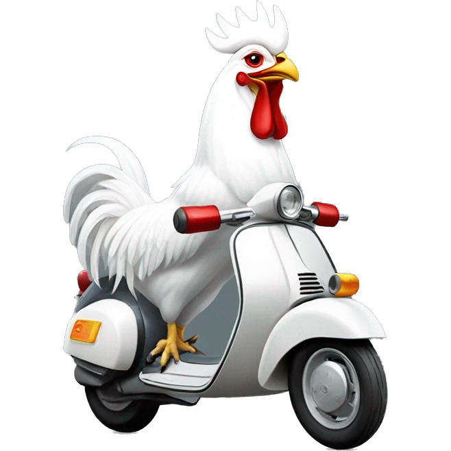 howling a white rooster with a crown on its head driving a scouter Vespa. emoji