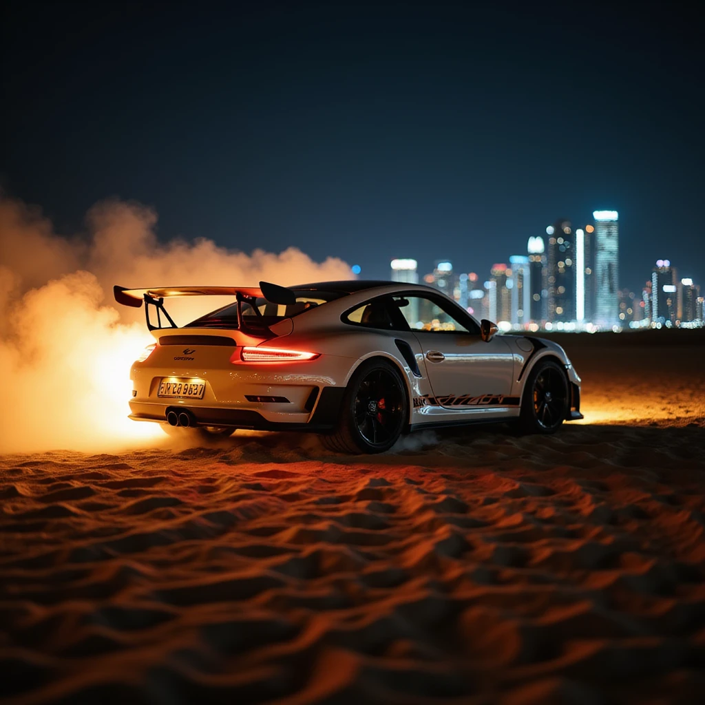 Cinematic shot, Porsche 911 gt3 rs in fire, desert, night, dubai city in background emoji