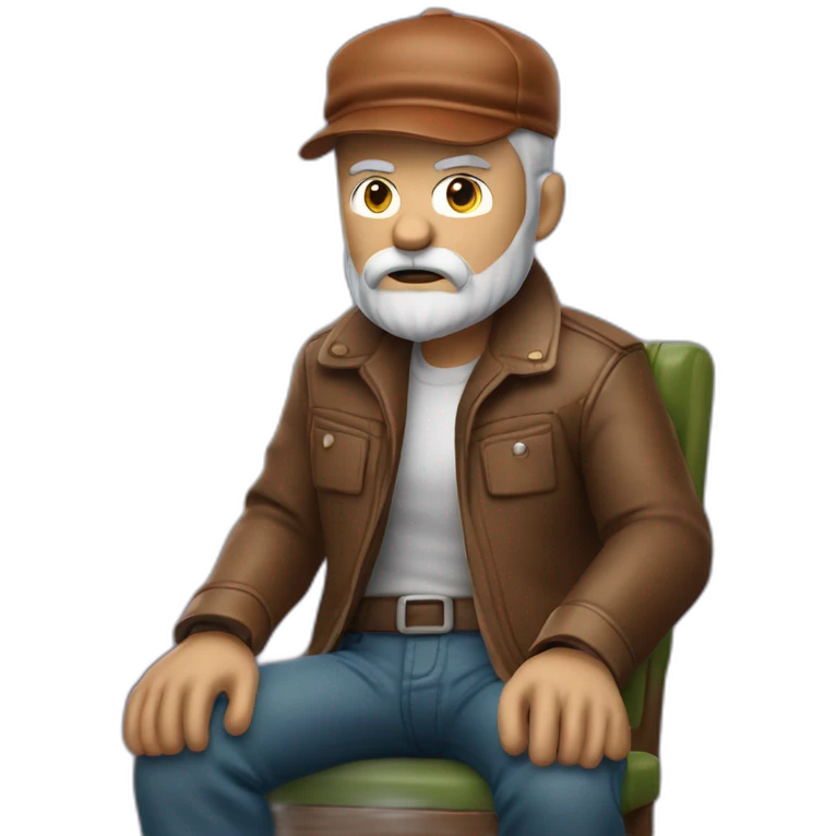 biff wiff short santa beard wearing a brown leather jacket and a paddy cap sitting in a folding directors chair looking angry(full body, ios17) emoji
