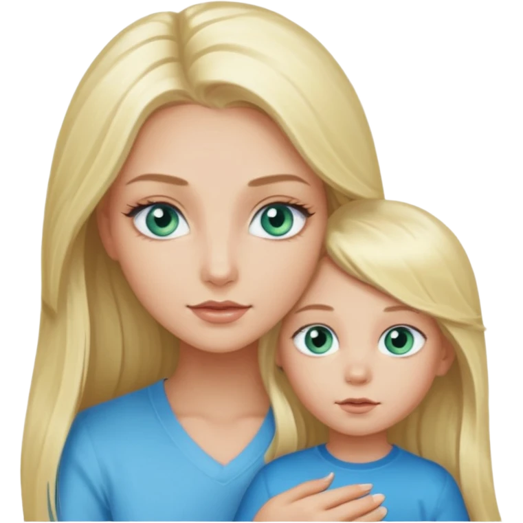 blonde baddie girl  with blue-green eyes, Long lashes, long hair, Hold little Boy with light blue eyes emoji