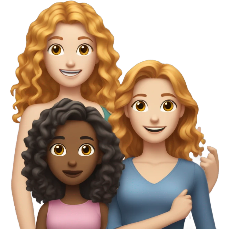A ginger wavy haired girl standing next to a blonde straight haired girl , next to a wavy haired brunette girl , all with fair coloured skin and all about the same high,  posing for a selfie  emoji