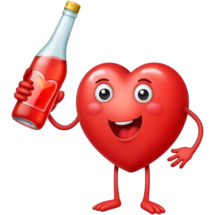 A red heart ❤️ with eyes, a mouth, and hands, looking tipsy and drunk, holding a bottle of drink in one hand, with a playful, wobbly expression emoji