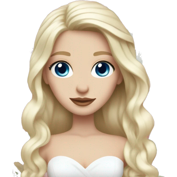 White bride with long light blonde hair and blue eyes with light pink peonies in hair white skin  emoji