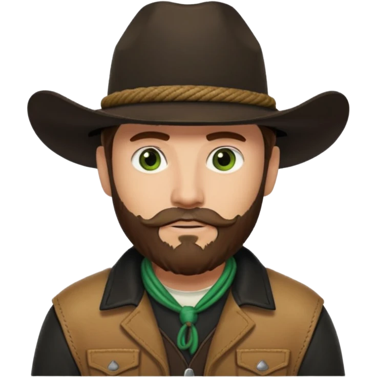 yellowstone ranch cowboy with brown beard & green eyes, black cowboy hat with plain black rope and no jewel, black shirt, and leather tan jacket emoji
