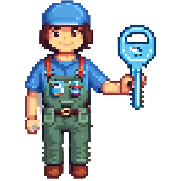 Oval badge shape with simple pixel art technician holding car tool key, bright colors emoji