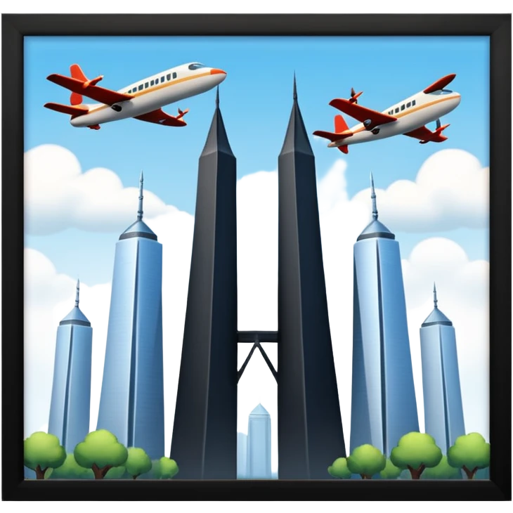 two towers with two airplanes flying into the towers emoji