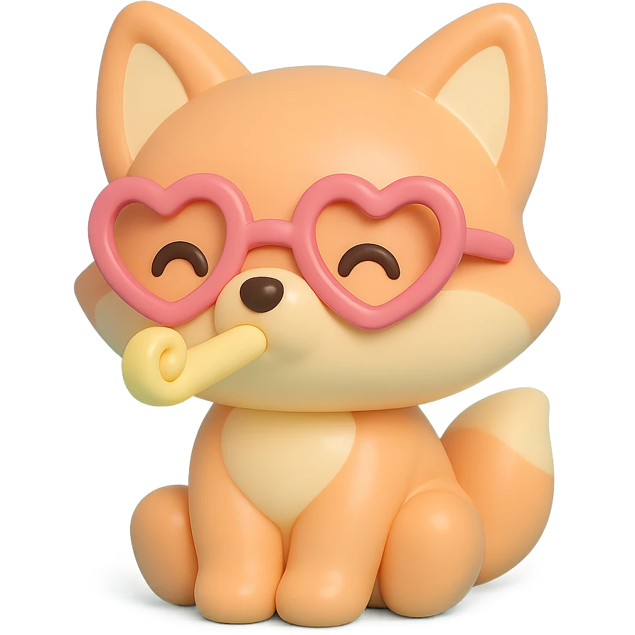 baby fox with heart glasses blowing party horn in vinyl figure style emoji