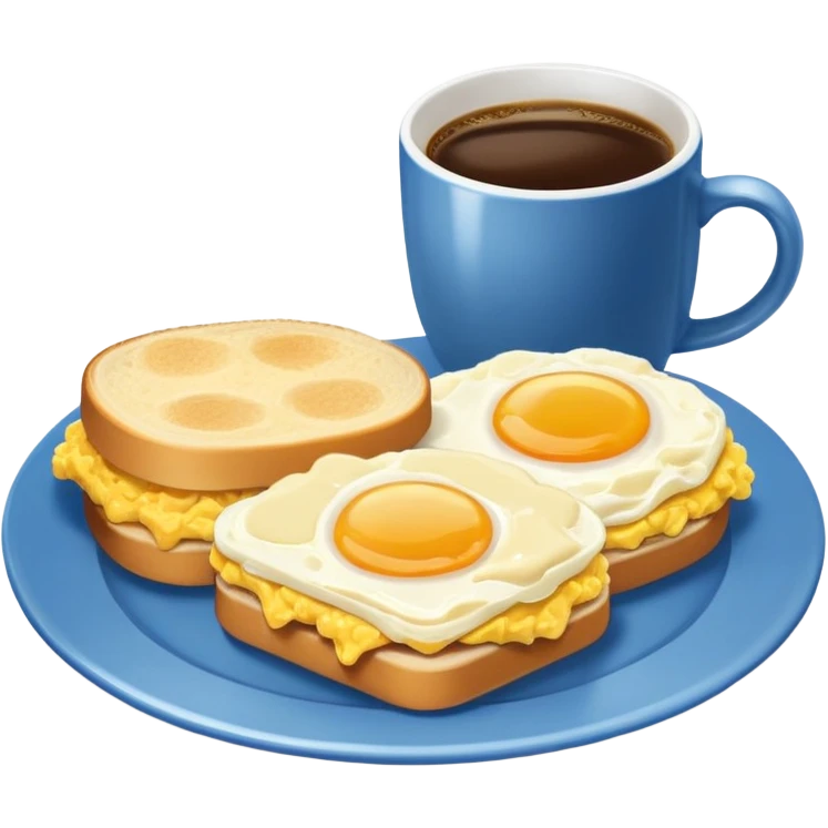 a blue plate with breakfast sandwiches and scrambled eggs and a cup of white coffee emoji