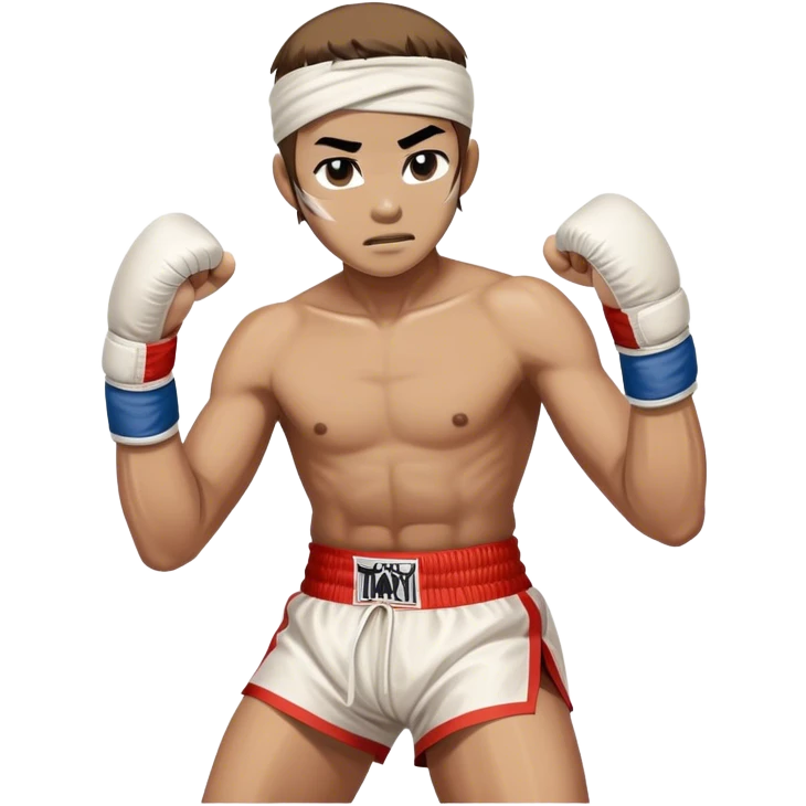 ​Cinematic Realistic Traditional Muay Thai Fighter, depicted in authentic attire featuring white bandaged gloves wrapped around his fists, a traditional headband tied neatly, and classic Muay Thai shorts, captured in a dynamic fighting stance under dramatic, high-energy lighting that highlights the raw power and elegance of the art, emoji