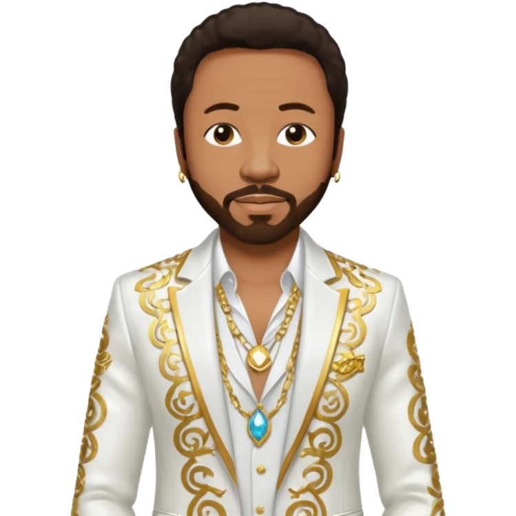 Maurice White from Earth Wind and Fire with dark brown hair, white sequin suit jacket, shirtless with necklace  emoji