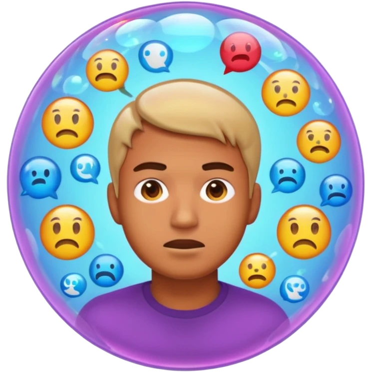 Realistic emoji-style man trapped inside a glowing filter bubble. The bubble contains identical social media icons and repeating content symbols. Outside the bubble are colorful diverse icons he cannot see. The man looks comfortable but unaware, expressing narrow perspective. emoji