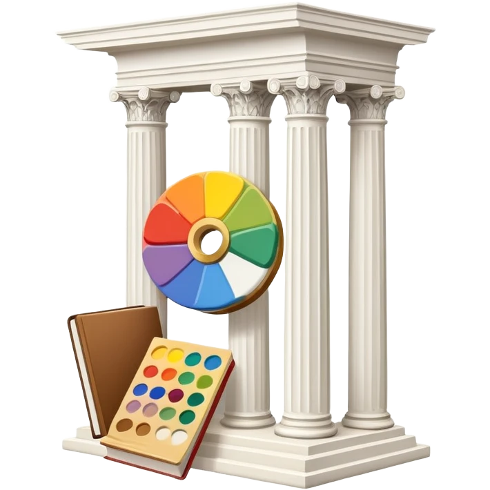 An icon featuring a paint palette, a sculpture, and a book, symbolizing the study of culture and art. The design includes a classical column and a canvas, representing art history and cultural exploration. Transparent background highlights the connection between creativity and history. emoji