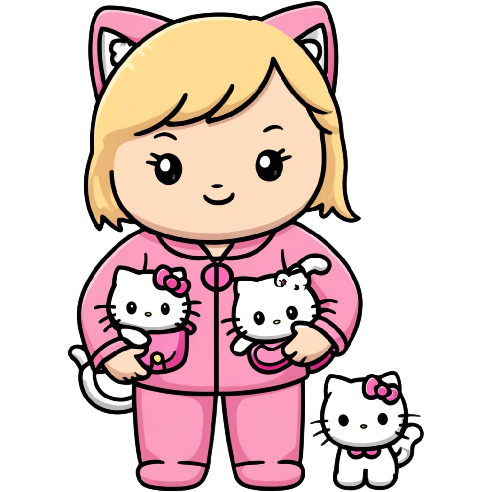 Blonde girl wearing pink Hello Kitty pajamas with two ragdoll cats emoji