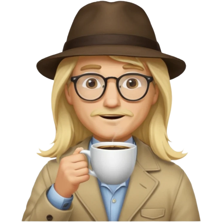 long hair blonde man drink coffe with hat and glasses emoji