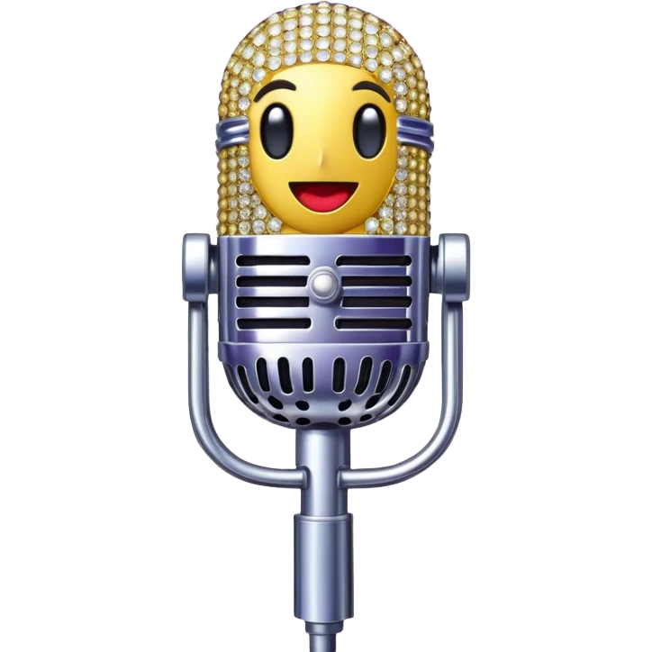 Create a glamorous and vibrant emoji representing stage vocal performance. The design should feature a humanless collage of classic vintage microphone, stage costume covered in rhinestones, sparkling brightly. The costume should be stylized, with glittering elements like sequins and sparkles, and reflect the glitzy, extravagant nature of show business. The microphone should have a sleek, retro look with chrome or metallic accents. Use rich, dazzling colors like gold, silver, deep purple, and bright red to evoke the glamorous, larger-than-life feel of a stage performance. The background should be transparent. emoji