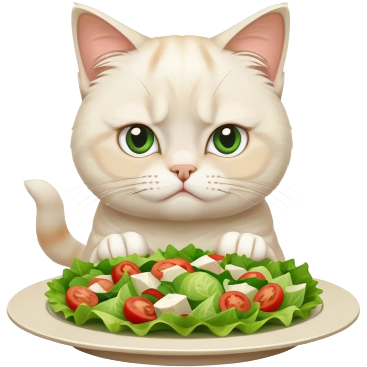 grumpy white cat sitting at a table, looking confused with its ears slightly back. In front of the cat is a plate with a salad emoji
