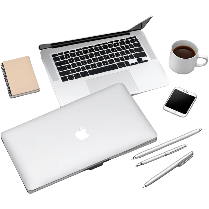 top view of a MacBook and a notebook with a pen nearby, different arrangement emoji